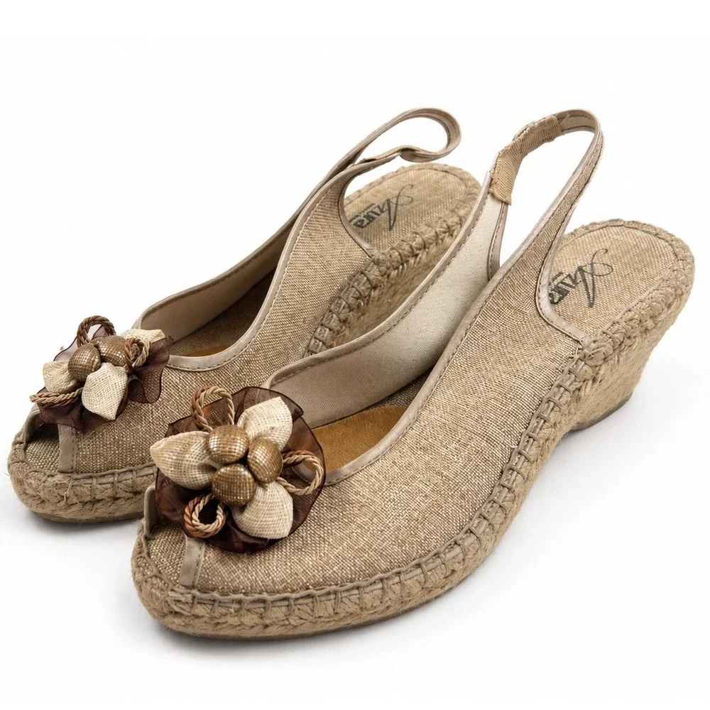 Aura Beige Linen Floral Espadrille Slingback Wedge Sandals Women's Size 40 9-10